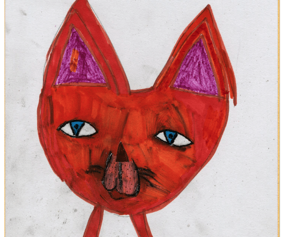 A portrait of a cat with red fur and an amused expression.