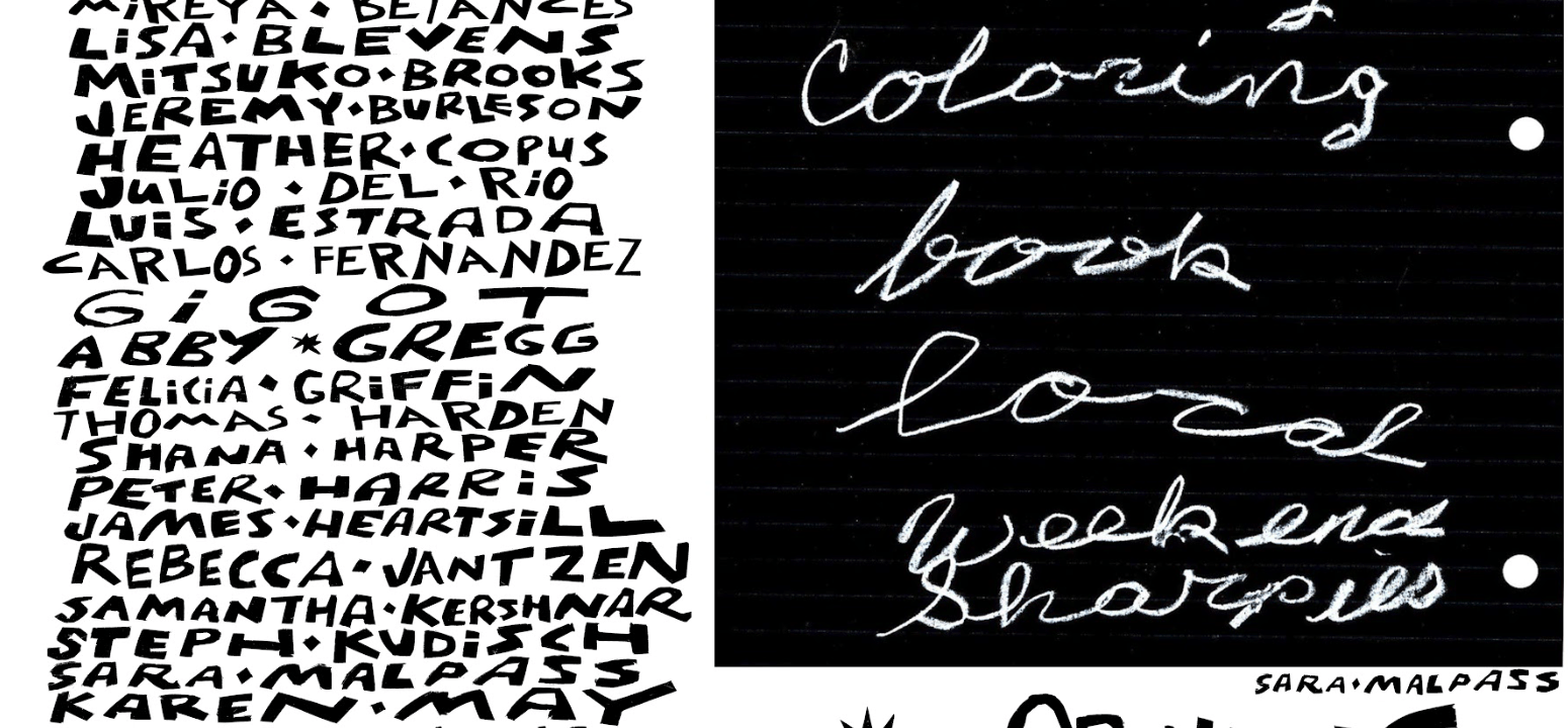 A graphic promoting an exhibition. Below a row of black cutout star shapes, in the top left of the image, in exuberant black text that has a hand-cut feel, are the words “Feeling Language” in all caps. Below, in the same font, a column lists the artists participating in the exhibition. Each word is separated by a diamond or a star shape. The upper right corner of the image features an artwork by Sara Malpass, credited in the bottom right corner: on a black page with faint white lines, holepunched on the right side, is a list in white handwritten cursive. Below that, in cut-out style font: “Opening Reception Sat Oct 8 1-4pm”