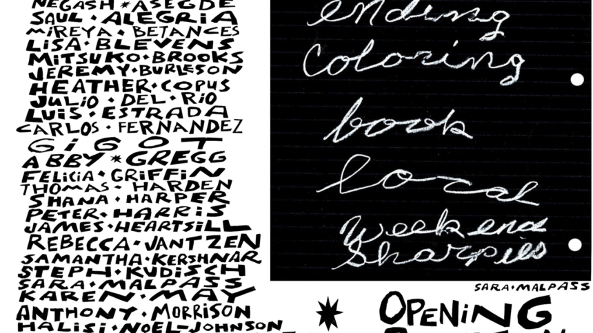 A graphic promoting an exhibition. Below a row of black cutout star shapes, in the top left of the image, in exuberant black text that has a hand-cut feel, are the words “Feeling Language” in all caps. Below, in the same font, a column lists the artists participating in the exhibition. Each word is separated by a diamond or a star shape. The upper right corner of the image features an artwork by Sara Malpass, credited in the bottom right corner: on a black page with faint white lines, holepunched on the right side, is a list in white handwritten cursive. Below that, in cut-out style font: “Opening Reception Sat Oct 8 1-4pm”