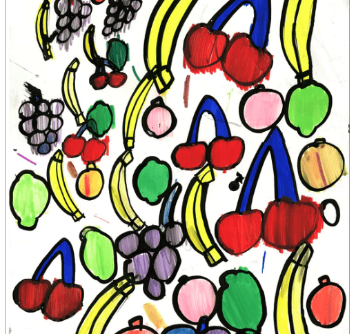 an assortment of fruit - grapes, bananas, cherries, limes - drawn with thick black outlines.