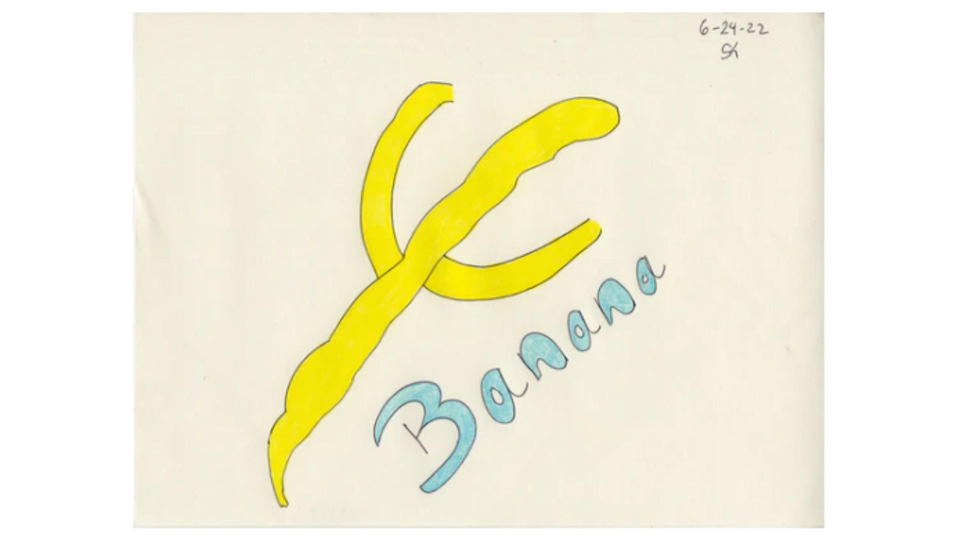 a drawing of a banana labeled "banana" in blue handrawn lettters.