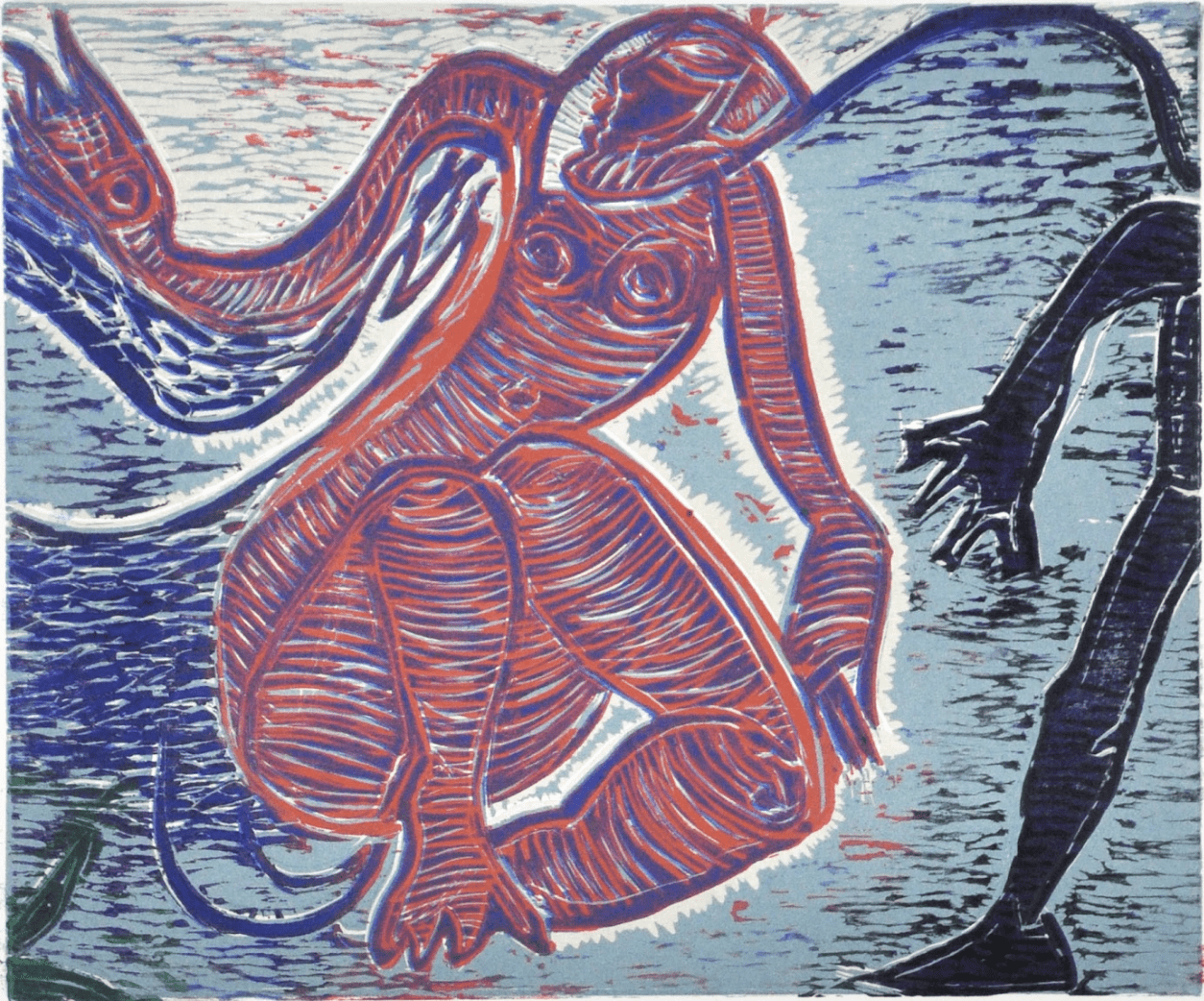 print of a human-like figure on a blue background