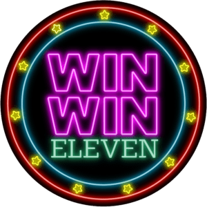A round neon logo on a black background. A red outer ring and blue inner ring contain small yellow stars. In the inner circle, pink all caps san serif text reads WIN WIN. Smaller mint green serif text reads "Eleven".