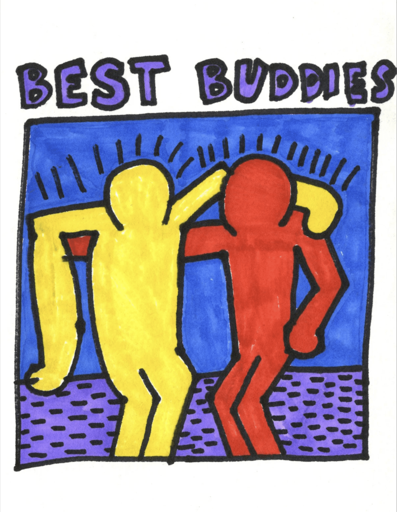 keith haring style marker on paper artwork of two people like figures with their arms around each other.