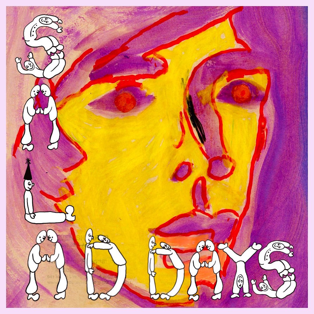 a manipulated image of a person's face in bright red, purple and yellow, with the letters "salad days" spelled out of cartoon puppet's bodies