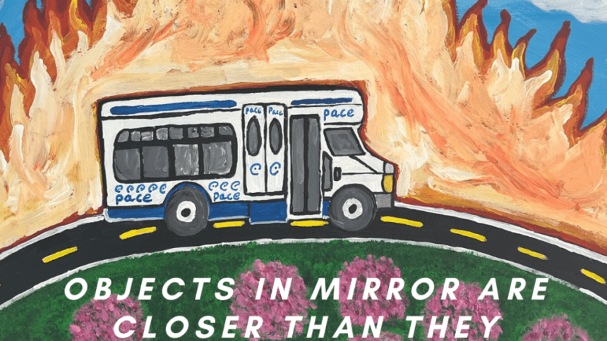 a painting of a van driving along a curved freeway against a background of blue sky and clouds and giant flames. the words "objects in mirror are closer than they appear" and "july 13-september 29,2023" in white sans serif font.