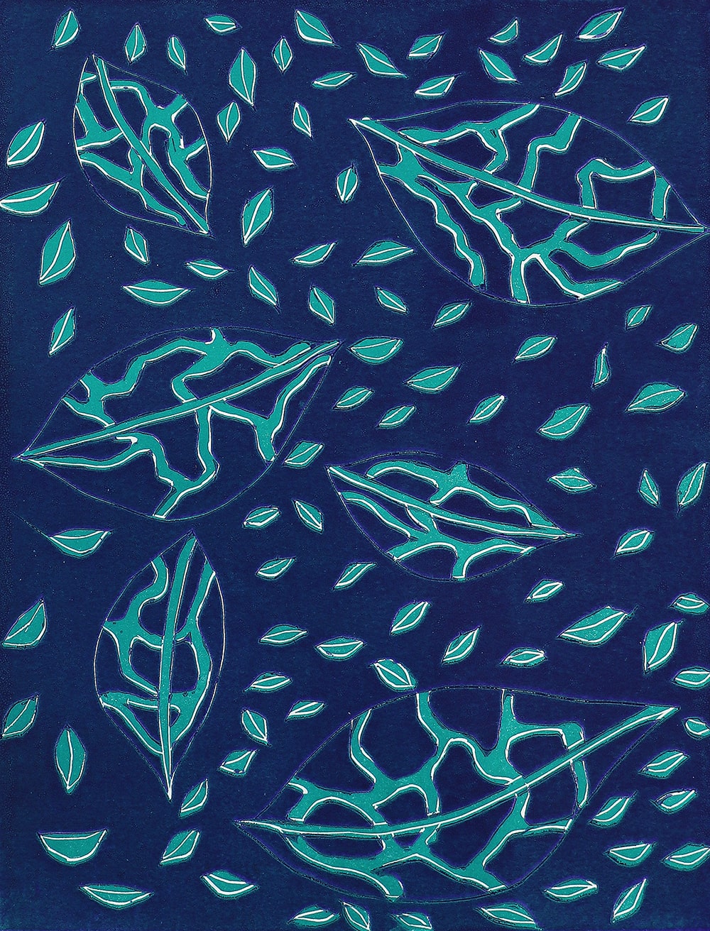 a deep blue and green print of organic leaf-like forms