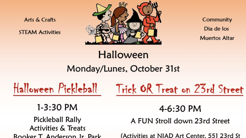 a flyer advertising "trick or treat richmond" with a cartoon of children trick or treating. All text is in event listing.