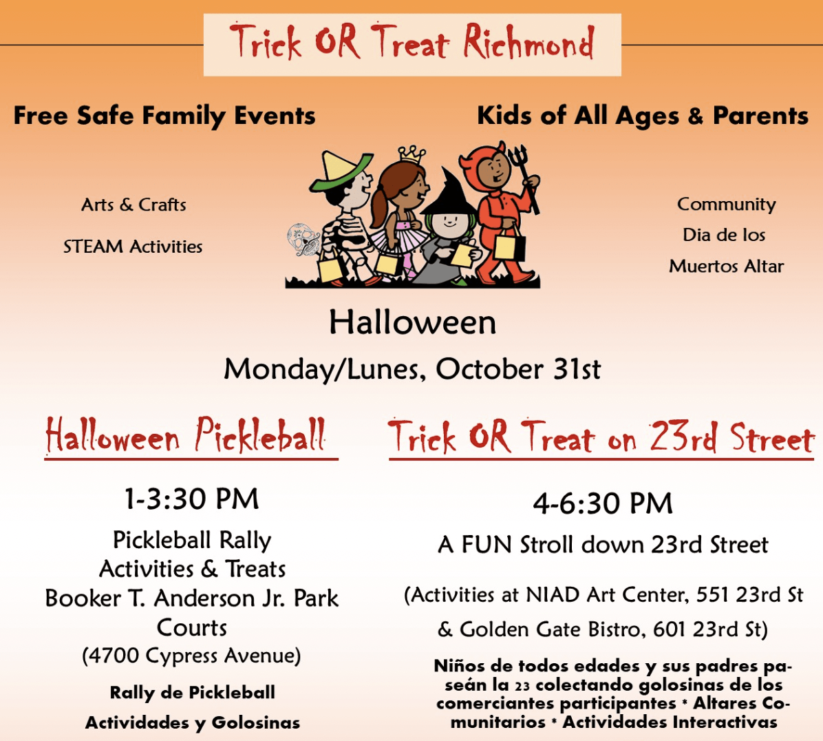 a flyer advertising "trick or treat richmond" with a cartoon of children trick or treating. All text is in event listing.
