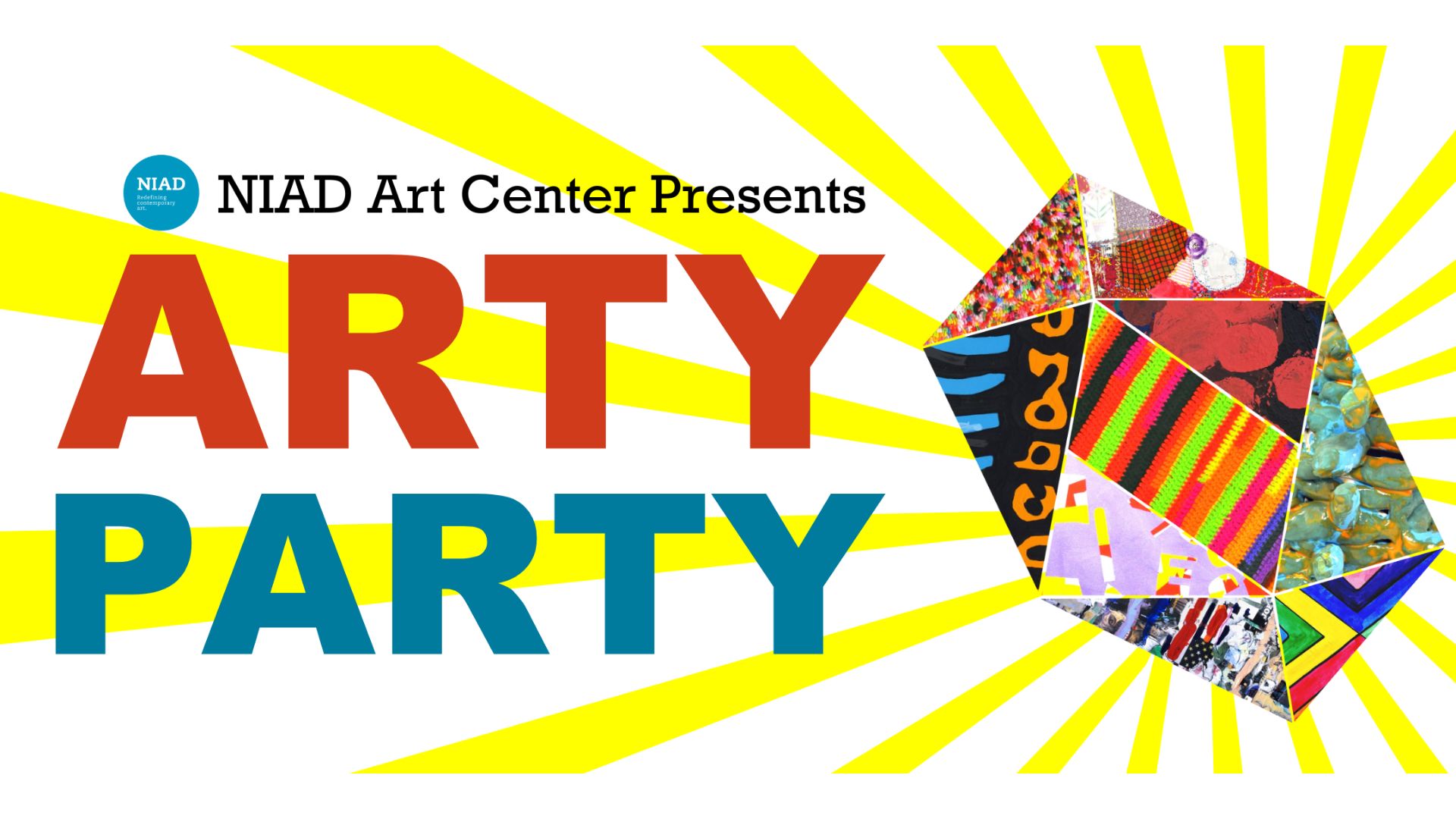 A graphic with bold text reading "NIAD Art Center Presents ARTY PARTY". An image of a gemstone with a snippet of art on every facet radiates yellow beams of light from the right hand corner.