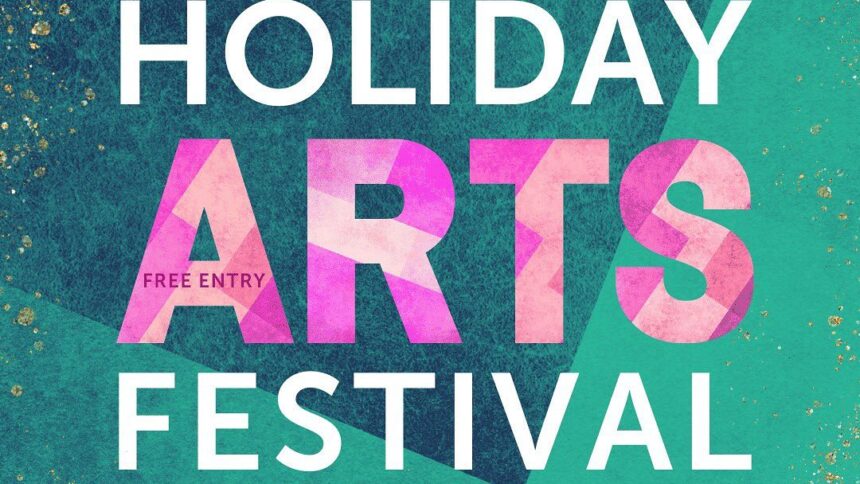 On a gold-flecked, abstract geometric green patterned background, the words "Richmond Art Center's Holiday Arts Festival, Sun Dec 3 10am - 5pm." The words "free entry" are embedded in the "A" in Arts. The Richmond Art Center logo in the bottom right corner.