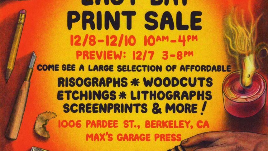 A flyer for the East Bay Print Sale - seen from above, a realistic image of a cat watching a pair of dark-skinned hands make a print. Matches, shavings, a chocolate bar are also on the table. The text reads "East Bay Print Sale. 12/8-12/10 10am - 4pm. Preview: 12/7 3-8pm. Come see a large selection of affordable risographs * woodcuts * etchings * lithographs screenprints & more! 1006 Pardee St., Berkeley, CA. Max's Garage Press.