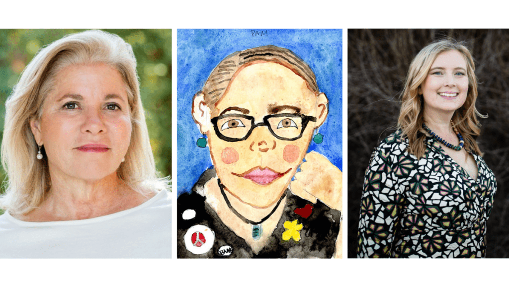 two headshots and a watercolor portrait of three women.