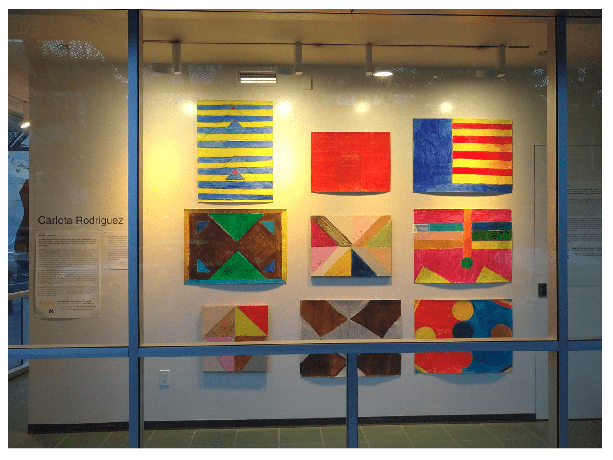 a 3x3 grid of paintings by Carlota Rodriguez mounted on a wall behind glass.