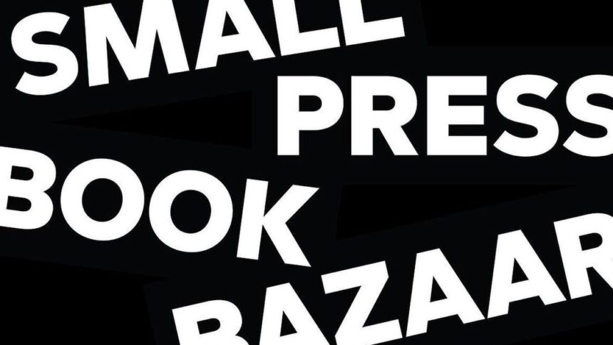 four words in all caps sans serif white font on black background, each tilted at a different angle, reads "small press book bazaar"