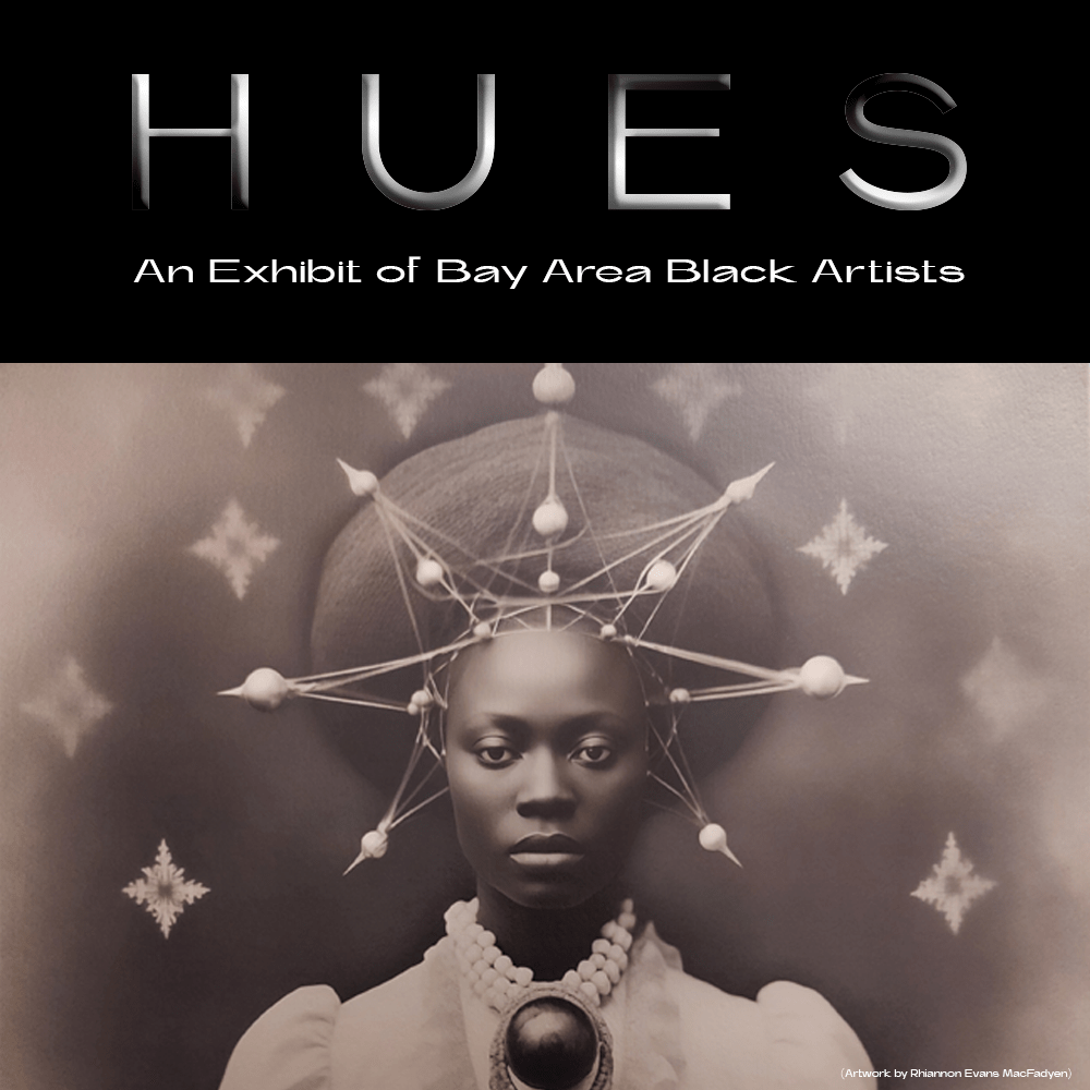 a graphic: a sepia photograph of a dark-skinned person with the word "HUES" at the top.