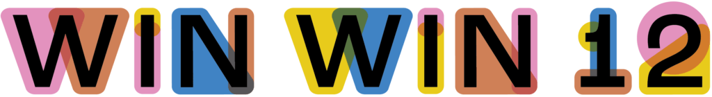 the Win Win 12 logo: black sans serif font overlaid on top of colorful pastel overlapping shapes that follow the shape of the letters.