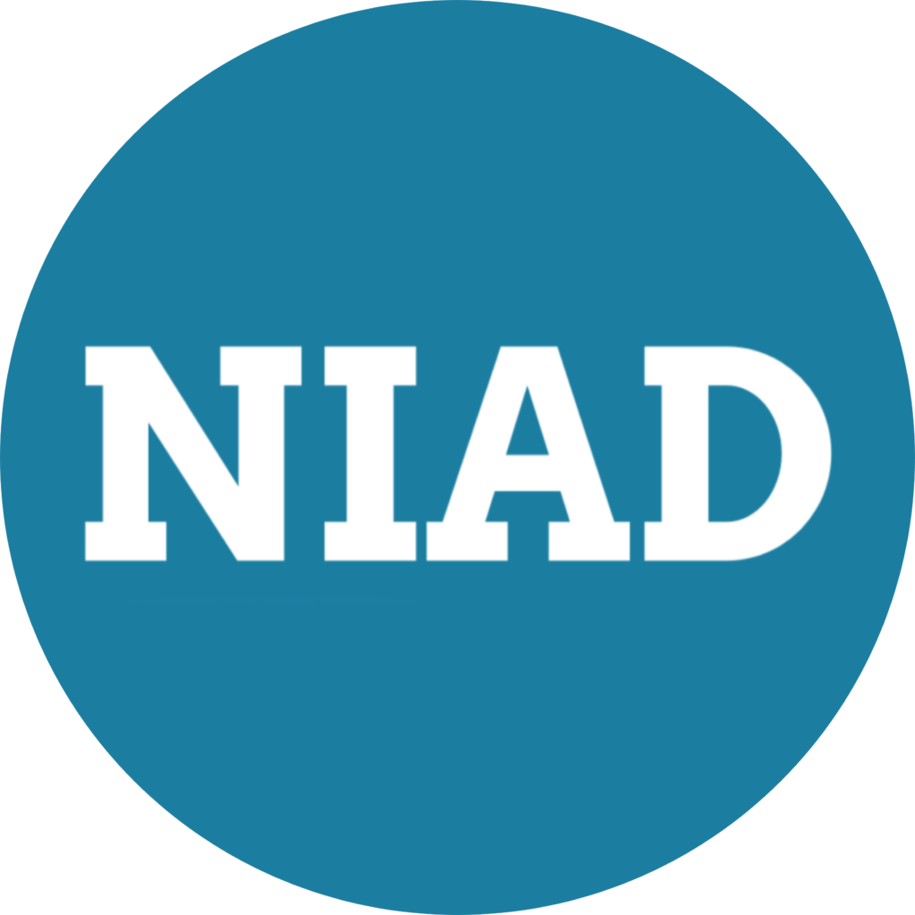the niad logo: a round blue circle with the words "NIAD" in white serif font
