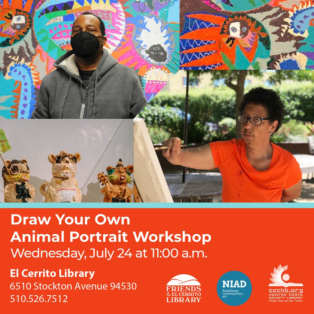 A graphic flyer with portraits of NIAD artists Shawn Sanders and Dorian Reid with their work. Text at the bottom repeats information in the event listing.