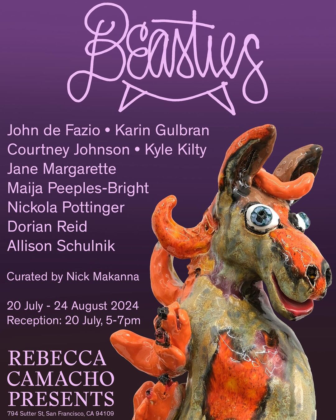 exhibition flyer graphic with a ceramic sculpture of a horse with an orange mane and wide blue eyes in a cartoonish style. Flyer text repeats information from the event description.