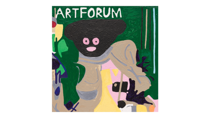 a semi abstract painting - a black face with pink mouth and eyes and an oblong head, shapes of various sizes and colors swirling around it, on a green background with the words ARTFORUM in white in the upper left corner.