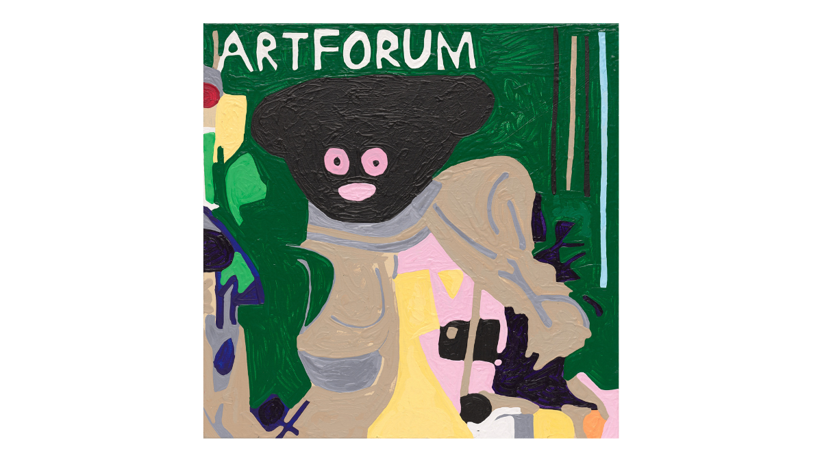 a semi abstract painting - a black face with pink mouth and eyes and an oblong head, shapes of various sizes and colors swirling around it, on a green background with the words ARTFORUM in white in the upper left corner.